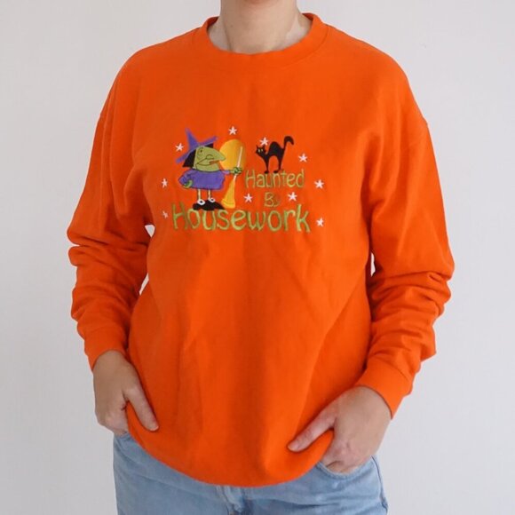Vintage Endless Designs Orange Embroidered Halloween Haunted Housework Sweater L - Picture 1 of 10